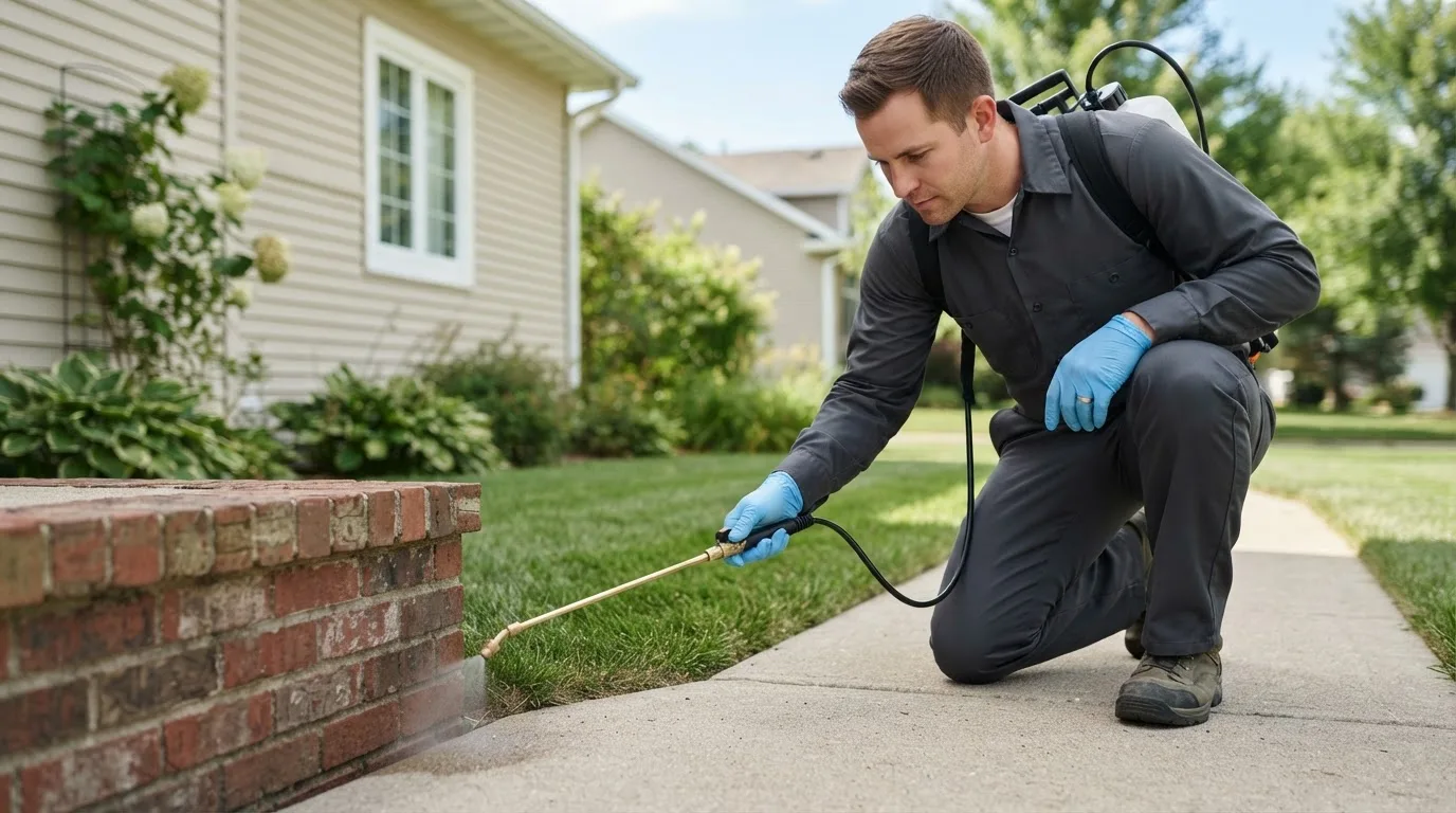 Pest control technician treating a home near Weyauwega, WI